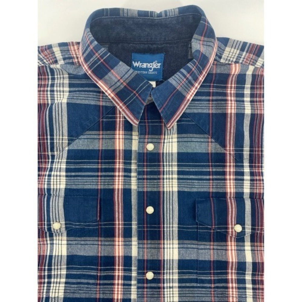 Wrangler Western Shirt Men XXL Blue Plaid Pearl Snap Long Sleeve Cowboy Ranch